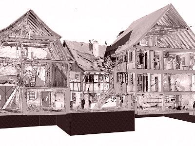 Schnitt durch Wohnhaus und Remise mit Punktwolke überlagert