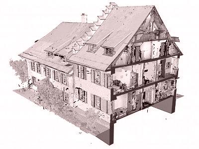 3D-Modell Nebengebäude überlagert mit Punktwolke