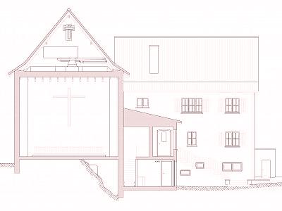 Querschnitt durch die Kirche und Anicht des Pfarrhauses